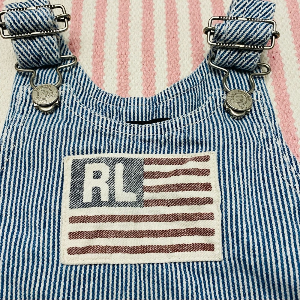 Ralph Lauren Polo Blue Pin Stripe Flag Overalls Infant Child Size 12 18 Months - Picture 2 of 8